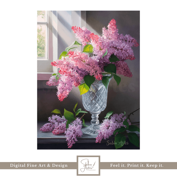 Kristallmomente mit Flieder – Eleganter Digitaldruck mit violettem Flieder in Glasvase
