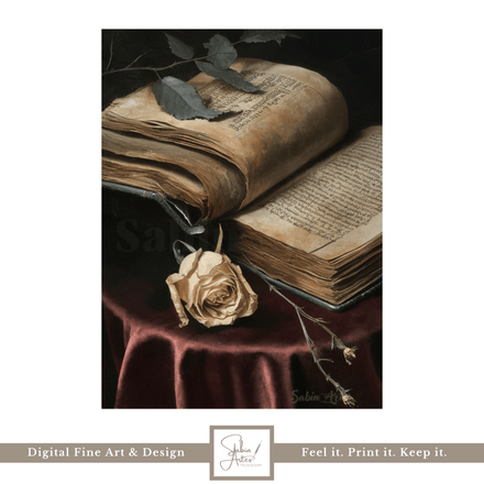 Vergessene Worte – Digitales Stillleben mit antikem Buch &amp; verwelkter Rose | Vintage Fine Art
