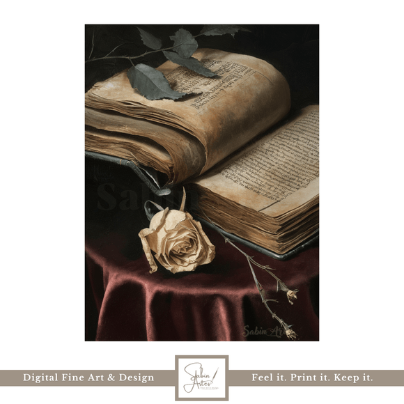 Vergessene Worte – Digitales Stillleben mit antikem Buch &amp; verwelkter Rose | Vintage Fine Art