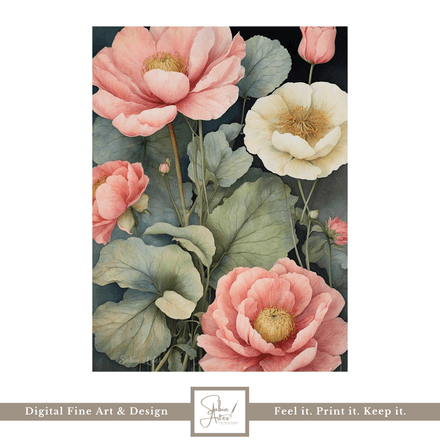 Botanische Harmonie – Digitales Fine Art Poster mit Mohnblumen in zarten Rosé- und Cremefarben