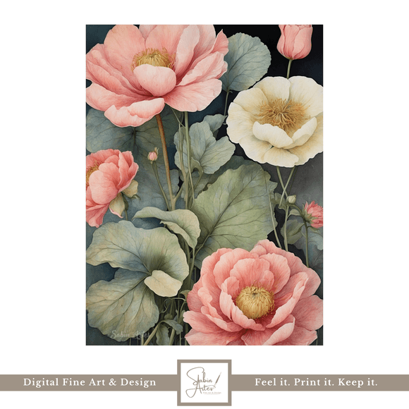 Botanische Harmonie – Digitales Fine Art Poster mit Mohnblumen in zarten Rosé- und Cremefarben