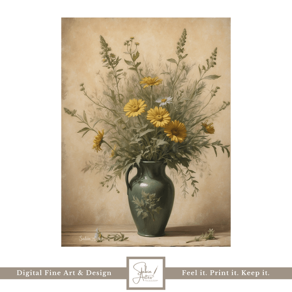 Sommersonne in der Vase – Digitales Stillleben mit gelben Wiesenblumen