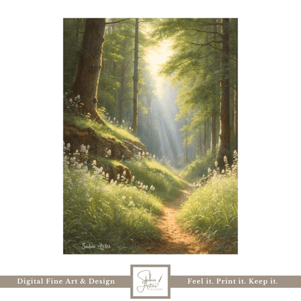 Lichtpfad im Zauberwald – Digitales Fine Art Waldbild mit Sonnenstrahlen, Naturweg &amp; Blumen
