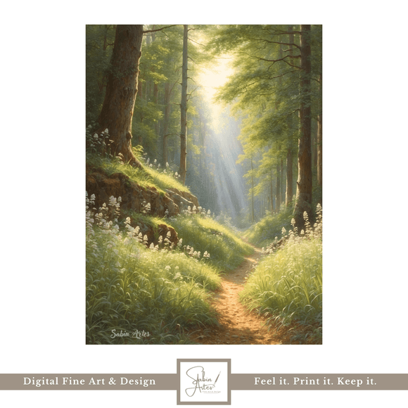 Lichtpfad im Zauberwald – Digitales Fine Art Waldbild mit Sonnenstrahlen, Naturweg &amp; Blumen