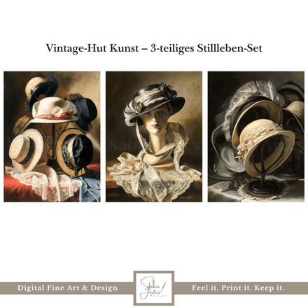 Vintage-Hut Kunst – 3-teiliges Stillleben-Set als digitaler Fine Art Download im nostalgischen Stil
