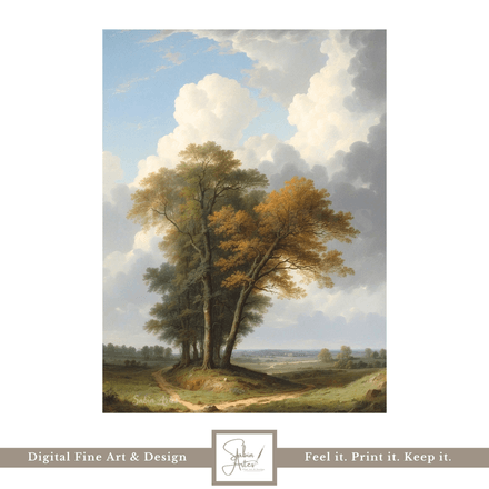 Alte Weggefährten – Digitales Landschaftsgemälde mit Baumgruppe &amp; weitem Himmel | Fine Art Print