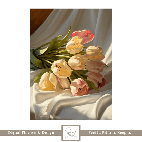 Zarte Eleganz – Digitaler Fine Art Print mit Tulpenstrauß in Creme und Rosé auf Seide