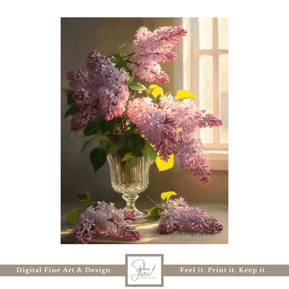 Sonnenlicht &amp; Fliederduft – Digitaler Fine Art Print mit lila Flieder in Glasvase