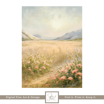 Sanftes Land – Digitales Landschaftsbild mit Feldweg &amp; Sommerblumen