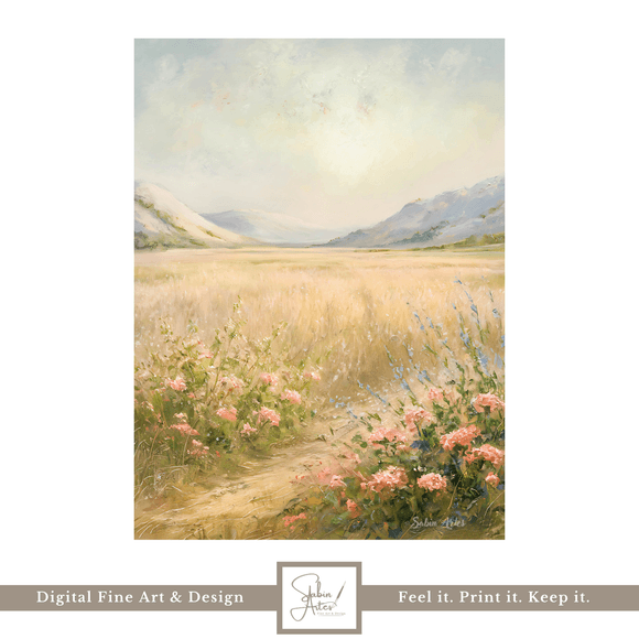 Sanftes Land – Digitales Landschaftsbild mit Feldweg &amp; Sommerblumen