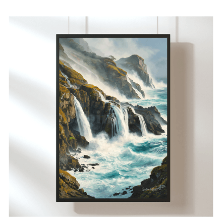 Digitales Küstenbild mit Wasserfällen – Dramatische Meereslandschaft als Wandkunst