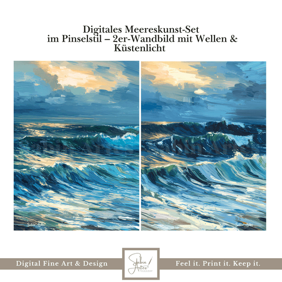Digitales Meereskunst-Set im Pinselstil – 2er-Wandbild mit Wellen &amp; Küstenlicht | Ozean als Fine Art