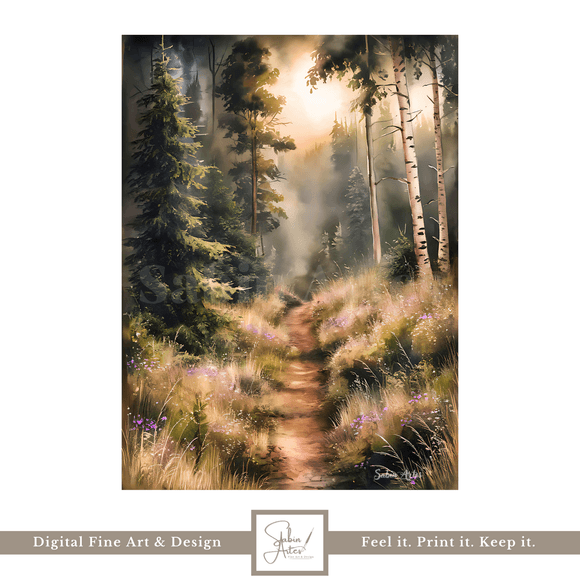 Magischer Waldweg im Licht – Digitales Waldkunstwerk zum Download | Naturbild für deine Wand