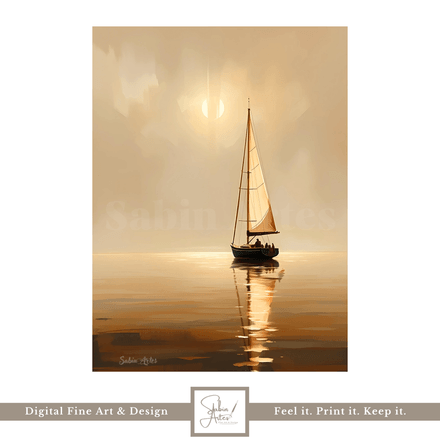 Abendstille – Digitales Segelboot-Kunstwerk bei Sonnenuntergang | Maritimes Wandbild zum Ausdrucken
