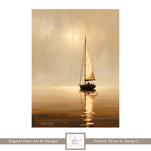 Abendstille – Digitales Segelboot-Kunstwerk bei Sonnenuntergang | Maritimes Wandbild zum Ausdrucken