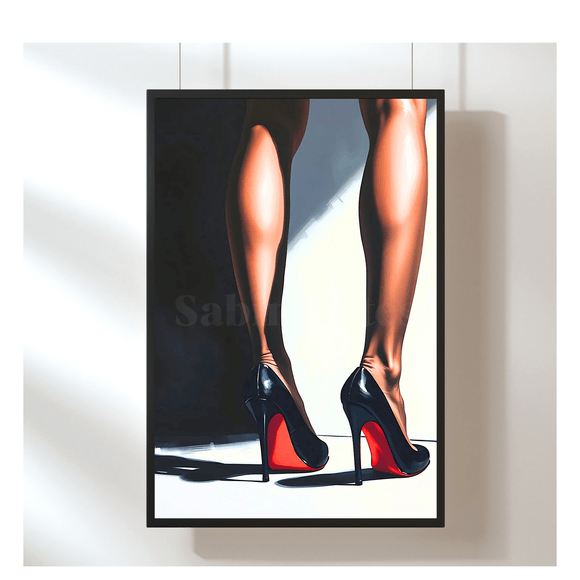 Digitales Kunstbild – Beine in schwarzen High Heels mit roter Sohle – Stilvolle Fine Art für moderne