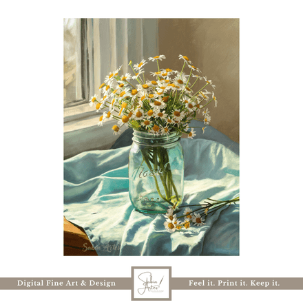 Sommerfenster – Digitaler Fine Art Print mit Gänseblümchen im türkisen Glas