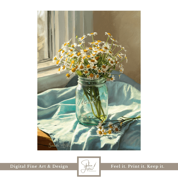 Sommerfenster – Digitaler Fine Art Print mit Gänseblümchen im türkisen Glas
