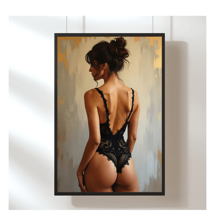 Erotische Wandkunst – Frau in schwarzem Spitzenbody als Digitalbild | Sinnliche Fine Art