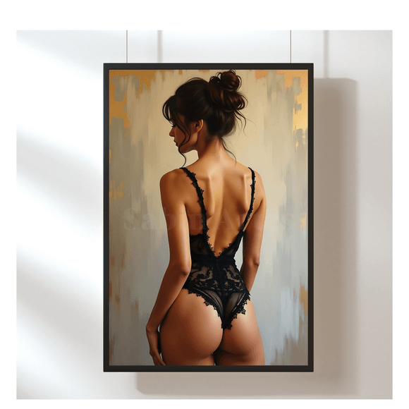 Erotische Wandkunst – Frau in schwarzem Spitzenbody als Digitalbild | Sinnliche Fine Art