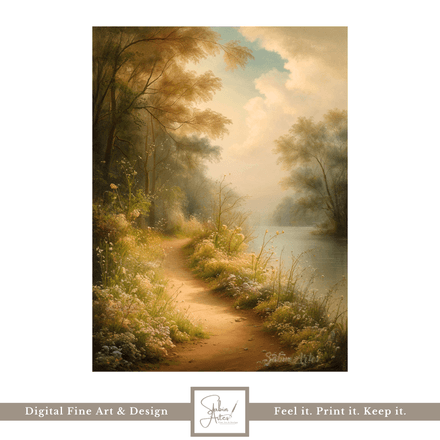 Pfad ins Morgenlicht – Digitales Fine Art Landschaftsgemälde mit Fluss &amp; Wildblumen
