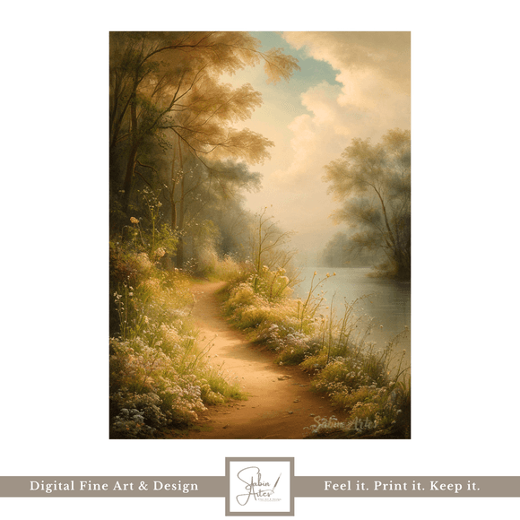 Pfad ins Morgenlicht – Digitales Fine Art Landschaftsgemälde mit Fluss &amp; Wildblumen