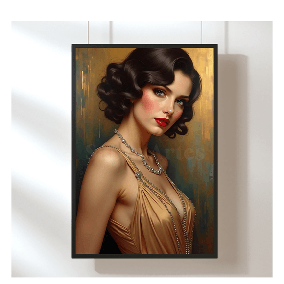 Glamouröses Retro-Digitalbild – Frau im goldenen Kleid mit Perlenkette als stilvoller Kunstdruck