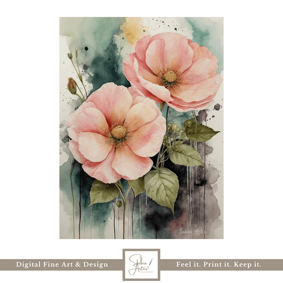 Zarte Mohnblumen im Aquarell – Digitales Blumenposter mit roséfarbenen Mohnblüten 