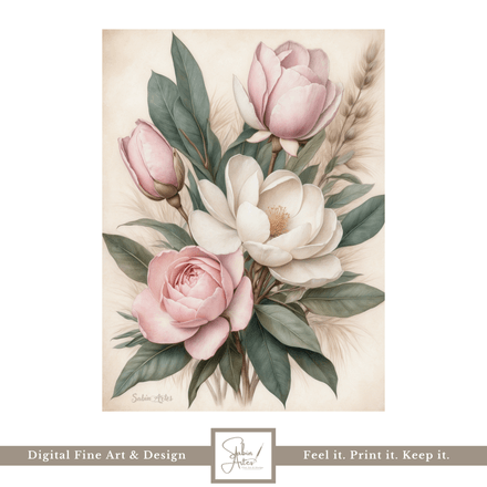 Zarte Blüten – Digitales Vintage-Blumenbild mit Pfingstrosen &amp; Magnolien
