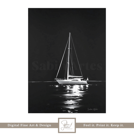 Moonlight Sail – Digitales Schwarz-Weiß Segelboot-Wandbild | Maritimes Kunstwerk