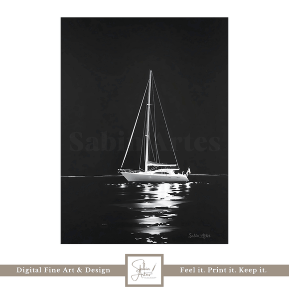 Moonlight Sail – Digitales Schwarz-Weiß Segelboot-Wandbild | Maritimes Kunstwerk