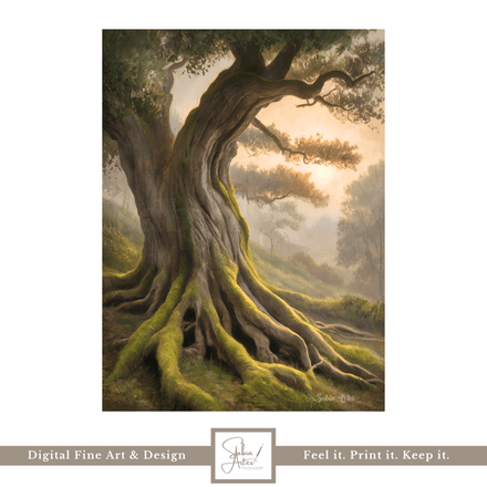 Alter Baum im Abendlicht – Digitaler Fine Art Print mit Sonnenuntergang &amp; Mooswurzeln