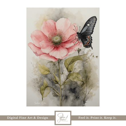 Blütentanz der Stille – Digitales Aquarell-Poster mit roséfarbener Blume und  Schmetterling