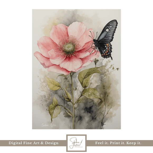 Blütentanz der Stille – Digitales Aquarell-Poster mit roséfarbener Blume und  Schmetterling