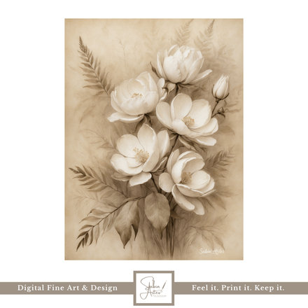 Stille Blüten – Digitales Vintage-Blumenbild in Sepia &amp; Weiß