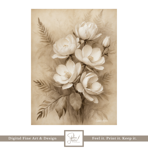 Stille Blüten – Digitales Vintage-Blumenbild in Sepia &amp; Weiß