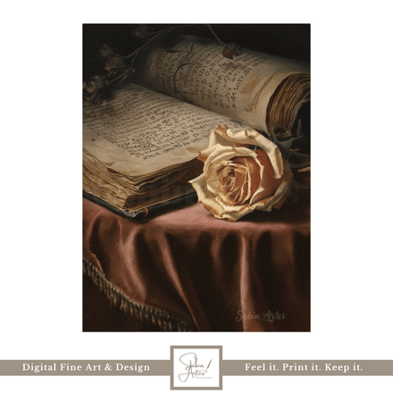 Verblassende Verse – Vintage Stillleben mit alter Rose &amp; Buch | Dunkelromantische Fine Art