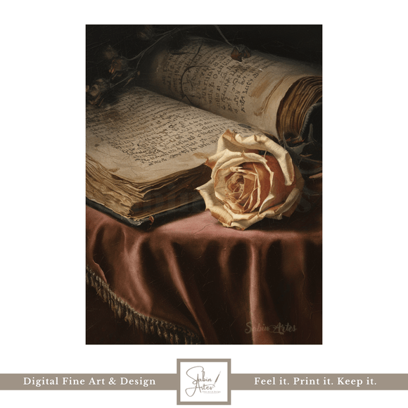 Verblassende Verse – Vintage Stillleben mit alter Rose &amp; Buch | Dunkelromantische Fine Art