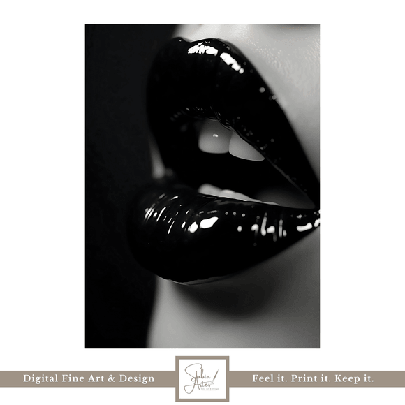 Schwarze Lippen Digitalbild – Sinnliche Fotokunst in Schwarz-Weiß zum Download