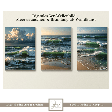 Digitales 3er-Wellenbild – Meeresrauschen &amp; Brandung als Wandkunst | Küstenmotive zum Ausdrucken