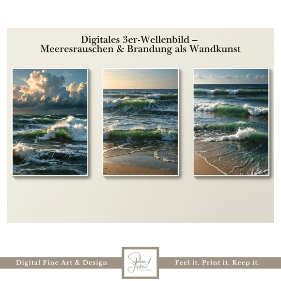 Digitales 3er-Wellenbild – Meeresrauschen &amp; Brandung als Wandkunst | Küstenmotive zum Ausdrucken