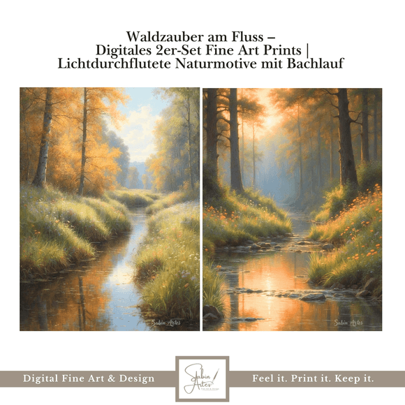 Waldzauber am Fluss – Digitales 2er-Set Fine Art Prints | Lichtdurchflutete Naturmotive mit Bachlauf
