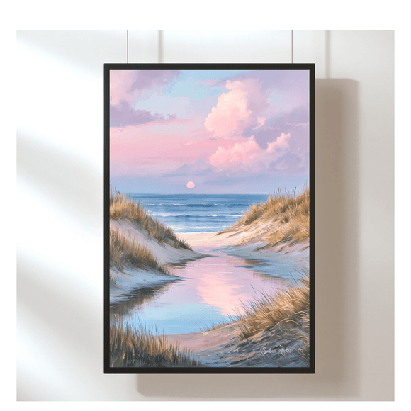 Dünenbild mit Sonnenuntergang am Meer – Digitales Wandbild zum Ausdrucken