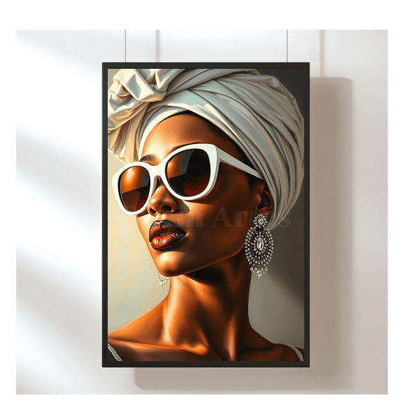 Elegantes Frauenporträt mit Turban &amp; Sonnenbrille – Digital Art als Sofort-Download