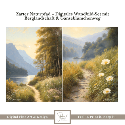 Zarter Naturpfad – Digitales Wandbild-Set mit Berglandschaft &amp; Gänseblümchenweg | Fine Art Print