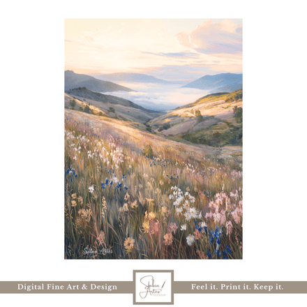 Blumenmeer im Morgenlicht | Digitales Landschaftsbild – Bergpanorama mit Wildblumenwiese