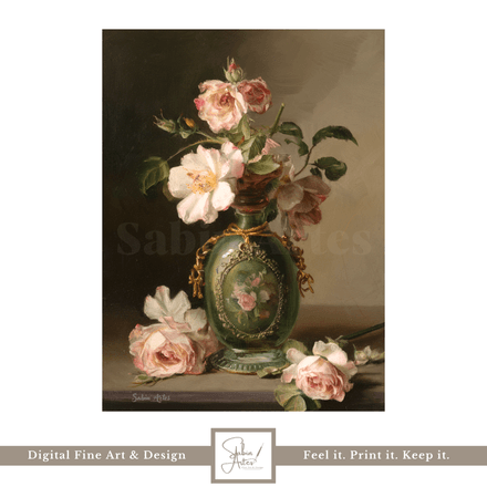 Antikes Rosen-Stillleben in dekorativer Vase – Elegante Fine Art Komposition in Altrosa &amp; Grün