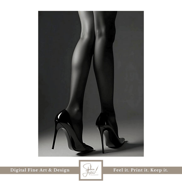 High Heels Poster Schwarz-Weiß – Elegante Beine in Strumpfhose als Digitalbild zum Download