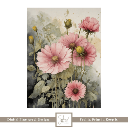 Rosa Gartenblumen im Aquarell – Digitales Fine Art Poster mit zarten Blüten in romantischem Stil