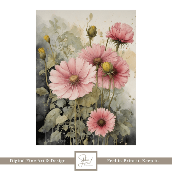 Rosa Gartenblumen im Aquarell – Digitales Fine Art Poster mit zarten Blüten in romantischem Stil